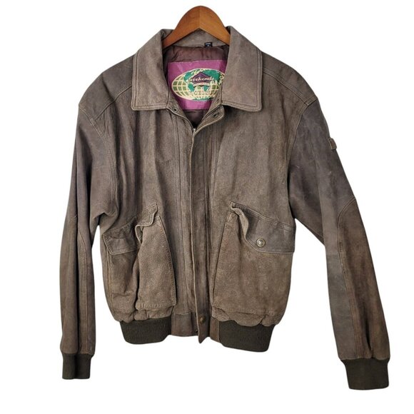 Vintage Suede Leather Bomber Coat Jacket Men's Large Brown Aviator Cosplay Zip